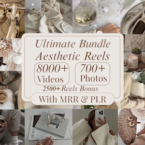 Könnte beinhalten: Eine Collage von Lifestyle-Bildern in neutralen Tönen, mit einem Fahrrad, Laptop, Sonnenbrille, Kaffee und dem Text "Ultimate Bundle Aesthetic Reels 8000+ Videos 700+ Photos 2500+ Reels Bonus With MRR & PLR."