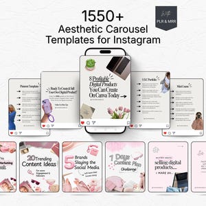May include: A collection of 1550+ aesthetic carousel templates for Instagram displayed on a smartphone screen and as individual cards. The designs feature soft pink and neutral tones, various typography styles, and text including 8 Profitable Digital Products.