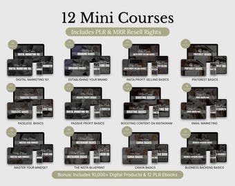 12 Digital Marketing Courses Bundle, MRR PLR Content, Online Business Learning Collection