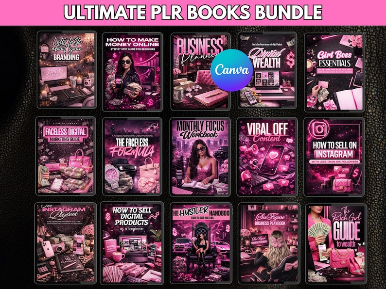 Feminine Boss Girl digital product bundle with Canva editable eBooks and faceless reels for passive income businesses.