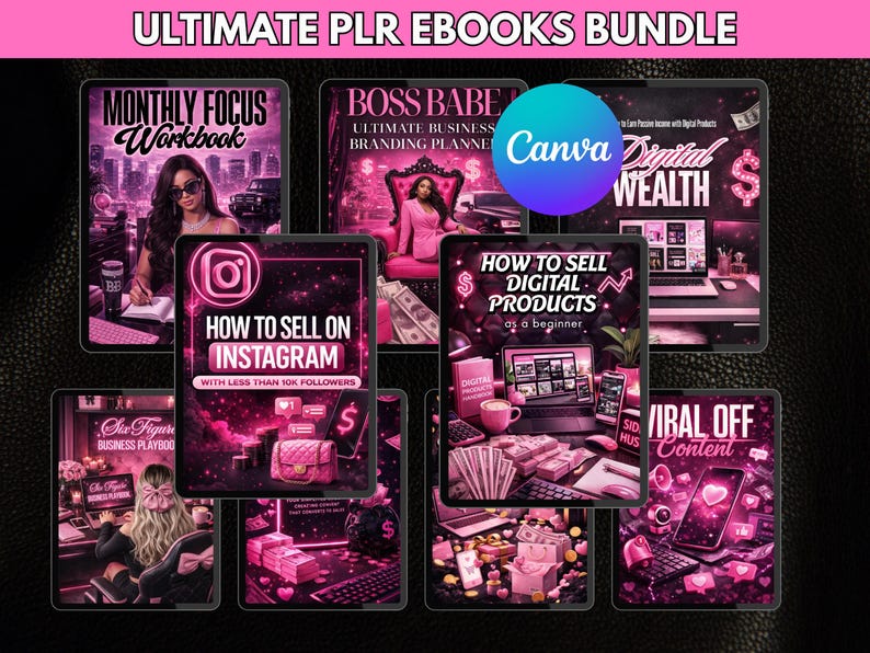 Girl Boss digital bundle with rebrandable PLR eBooks, Canva templates and faceless reels for social media content.