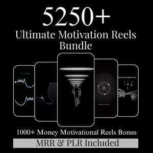 Puede incluir: Gráfico negro con el texto "5250+ Ultimate Motivation Reels Bundle". La imagen muestra cinco teléfonos inteligentes con gráficos motivacionales. También se incluye el texto "1000+ Money Motivational Reels Bonus".
