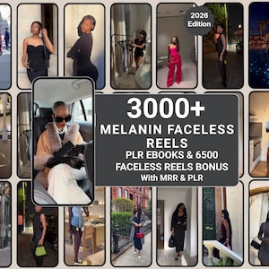 Op de afbeelding: Een digitaal marketingpakket met 3000+ Melanin Faceless Reels, PLR-e-books en 6500 Faceless Reels Bonus met MRR & PLR, editie 2026. De afbeelding toont een collage van diverse lifestyle-foto's met verschillende modestijlen.