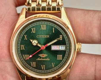 Vintage Citizen Automatic 21 Jewels Green Dial Japan Made Day Date Men's Wrist Watch