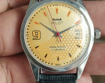 Vintage HMT Pilot Mechanical Hand winding Yellow Dial 17Jewels Mens Wrist Watch
