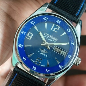 Reloj de pulsera Citizen automático vintage para hombre, 21 joyas, esfera azul, en buen estado.