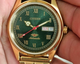 Vintage Citizen Automatic 21 Jewels Green Dial Japan Made Day Date Men's Wrist Watch