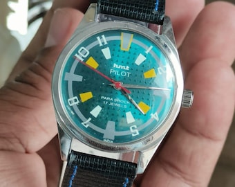 Reloj de pulsera para hombre HMT Pilot mecánico vintage de cuerda manual con esfera verde y 17 joyas