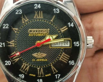 Vintage Citizen Automatic Watch: Black Dial Day-Date, Stainless Steel