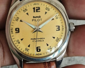 Vintage HMT Pilot Hand-Winding Mechanical Watch, Yellow Dial