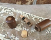 Antique Treen Wood Inlaid Star Walnut Etui Sewing Travel Threads Spool Needles Celluloid Thimble Round Container