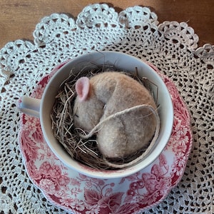 Cottage Core Assemblage Tea Cup Felt Sleeping Mouse Natural Bird Nest