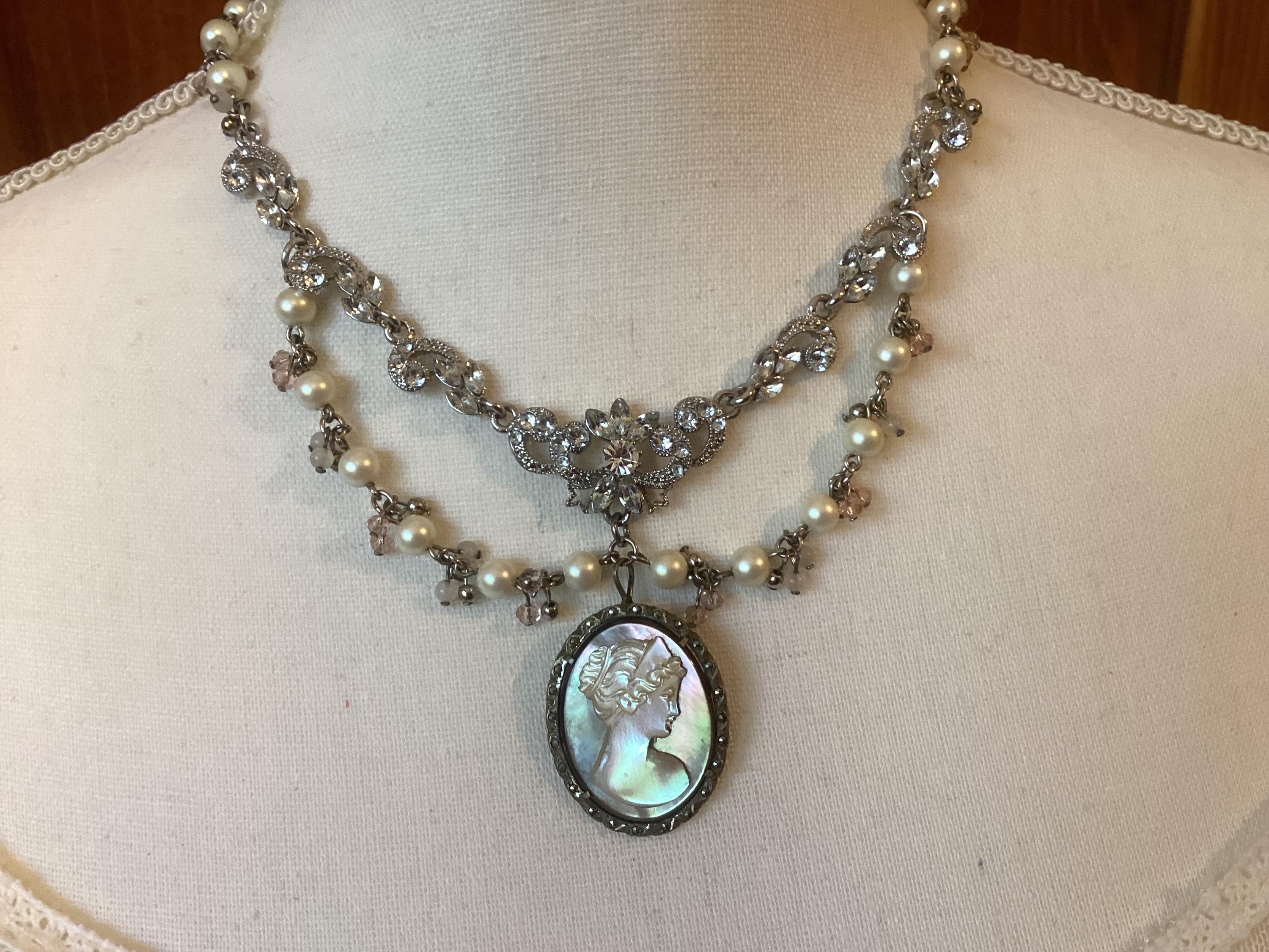 Vintage Assemblage OOAK Mother of Pearl Cameo Rhinestone