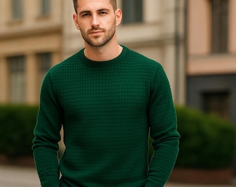 Men's Waffle Knit Pullover: Slim Fit Polyester Crewneck