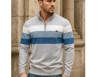 Gestreepte katoenen trui heren: trendy top met halve rits