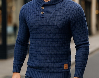 Men's Knit Sweater | Geometric Textured Button Neck Pullover