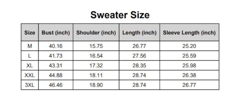 K&ouml;nnte beinhalten: Eine schwarz-wei&szlig;e Tabelle mit der &Uuml;berschrift "Sweater Size" zeigt Ma&szlig;e in Zoll f&uuml;r Brust, Schulter, L&auml;nge und &Auml;rmell&auml;nge. Die Gr&ouml;&szlig;en reichen von M bis 3XL, mit entsprechenden Ma&szlig;en f&uuml;r jede Gr&ouml;&szlig;e.