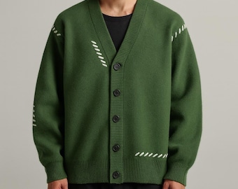Männer V-Ausschnitt Strickjacke | Elegante Patchwork Oversized Strickjacke | Lässiger Streetwear Button Mantel für Männer
