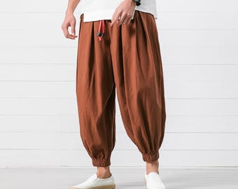 Men's Harem Cotton-Blend Pants: Relaxed Fit, Elastic Waist