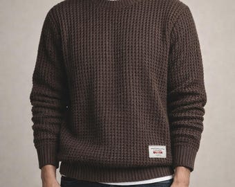 Männer Retro Strick Pullover | Lässiger Loose Fit Pullover | Solid Color O-Neck Alltags Top