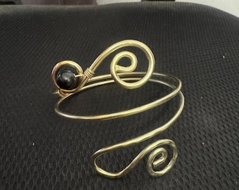 Adjustable Brass Arm Cuff: Black Onyx Spiral Upper Arm Band
