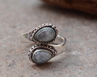 Adjustable Labradorite Ring: Brass Silver Gemstone, Double Stone