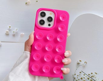 Funda de silicona Bubble Grip para iPhone – Funda suave a prueba de golpes con ventosa y correa de muñeca para iPhone 11, 12, 13, 14, 15, 16, 17 Pro Max Plus / Colores Candy