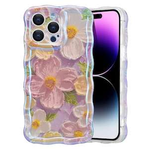 Pode incluir: Uma capa de telefone transparente com um design floral. A capa apresenta um padr&atilde;o texturizado tridimensional de flores rosa, amarelas e brancas com folhas verdes. A capa &eacute; projetada para um smartphone.