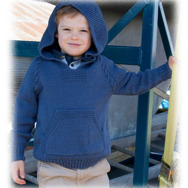 Atherton a Top Down No Sew Hoodie with Cable Trim knitting pattern download kids sizes 2 to 16