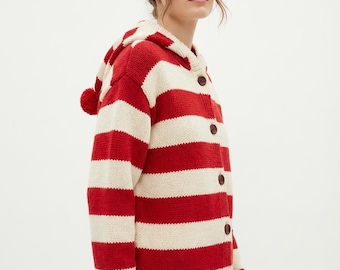 Matching Knit Hoodie for Adult and Doll, Red Stripe Set