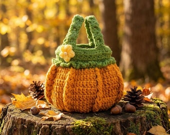 Crochet Pumpkin Bag with Flower Handle, Handmade Autumn Tote