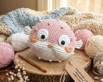 Crochet Pufferfish Plush Toy – Handmade Cotton Amigurumi Fish Gift