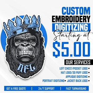 Pode incluir: Gráfico publicitário para bordados personalizados. Apresenta um gorila coroado e o texto "CUSTOM EMBROIDERY DIGITIZING" com preços a partir de 5,00 $. Serviços: logotipo no peito/bolso, logotipo no chapéu, digitalização de apliques, etc.