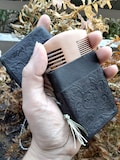 Textured Black Leather Medieval Comb Case with Wooden Comb