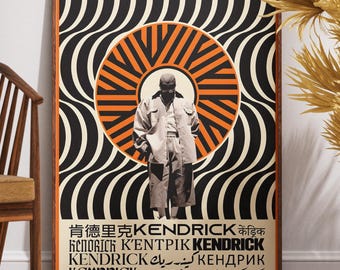 Póster de Kendrick Lamar, impresión artística psicodélica de hip hop, decoración de pared de música rap moderna, obra de arte urbana audaz para fanáticos