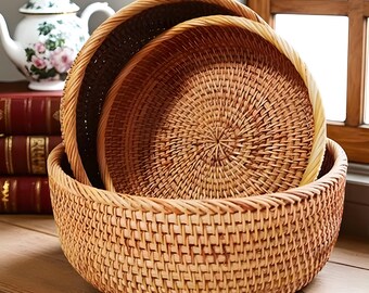 蓋付き丸型ラタンバスケット – パン、スナック、ピクニック、食品