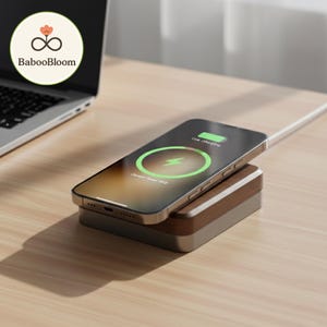 May include: A smartphone is charging wirelessly on a wooden and gray charging pad. The phone screen displays a green charging symbol. A laptop is visible in the background. The BabooBloom logo is in the upper left corner.