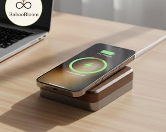 Wooden MagSafe Charger Stand, Natural Wood Magnetic Charging Base, Minimalist Wireless Charging Dock for Desk, Christmas Gift