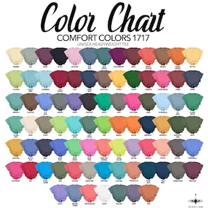 K&ouml;nnte beinhalten: Farbkarte f&uuml;r Comfort Colors 1717 Unisex-Heavyweight-T-Shirts. Die Karte zeigt eine gro&szlig;e Auswahl an Farben, darunter Banana, Berry, Black, Blossom, Blue Jean und Spruce. Jede Farbe ist mit ihrem Namen beschriftet.