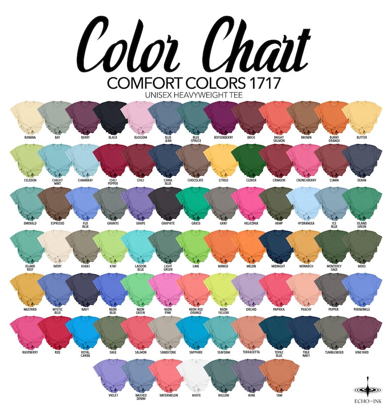 K&ouml;nnte beinhalten: Farbkarte f&uuml;r Comfort Colors 1717 Unisex-Heavyweight-T-Shirts. Die Karte zeigt eine gro&szlig;e Auswahl an Farben, darunter Banana, Berry, Black, Blossom, Blue Jean und Spruce. Jede Farbe ist mit ihrem Namen beschriftet.