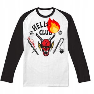 May include: White long-sleeved shirt with black sleeves. The shirt features a red devil graphic and the text "HELL CLUB". The graphic includes a flame, a sword, a mace, and a chain.