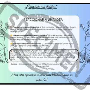 May include: A poster with Spanish and French phrases for reacting to ideas, set against a blue and green gradient. The design includes illustrations of a dancing woman on either side of the text.