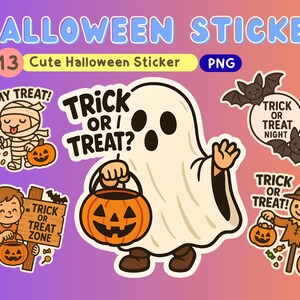 Cute Halloween Sticker Pack PNG | Kawaii Trick or Treat Ghost, Pumpkin, Witch, Cat, Bat | Transparent Background Digital Download