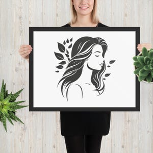 Minimalist Woman Silhouette Framed Poster | Elegant Feminine Line Art Wall Decor | Modern Botanical Aesthetic Print for Home & Office