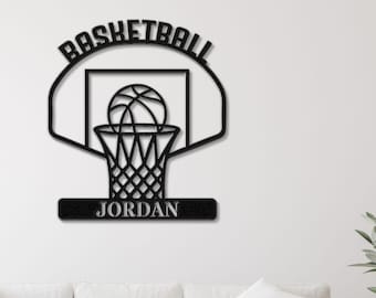 Anpassad metallväggkonst för basketboll, personlig basketnamnskylt, baskettränarpresent, pojkrumsdekor, väggbonad för lagsporter
