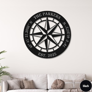 Compass Metal Sign Nautical Compass Wall Art GPS Coordinates Last Name Date Decor Outdoor Sign Personalized Wedding Gift Housewarming Gift