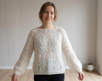 Hand Knit Mohair Sweater Women Cream Soft Cozy Oversized Pullover Raglan Sleeve Jumper Lightweight Warm Sweater Gift for Her
