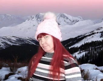 Handmade Pink Winter Beanie  with Faux Fur Pom Women's Knitted Hat-Cozy Cable Knit Beanie Christmas Gift for Her-Winter Fashion