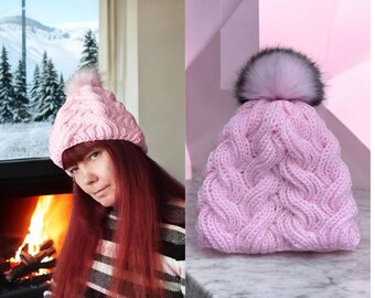 Pink knit  beanie with pom pom, handmade winter hat for women, cozy warm Christmas gift, chunky knitted hat, winter accessory