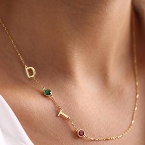 Sideways Initial Birthstone Necklace, Personalized Letter Necklace, Dainty Gemstone Jewelry,Christmas Gift, Custom Gift for Mom or Birthday